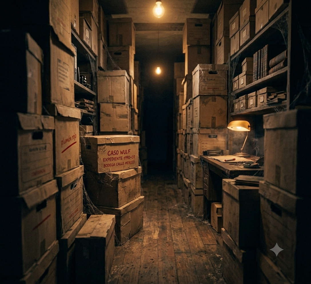 Bodega de archivo en calle Merced con una caja marcada CASO WULF