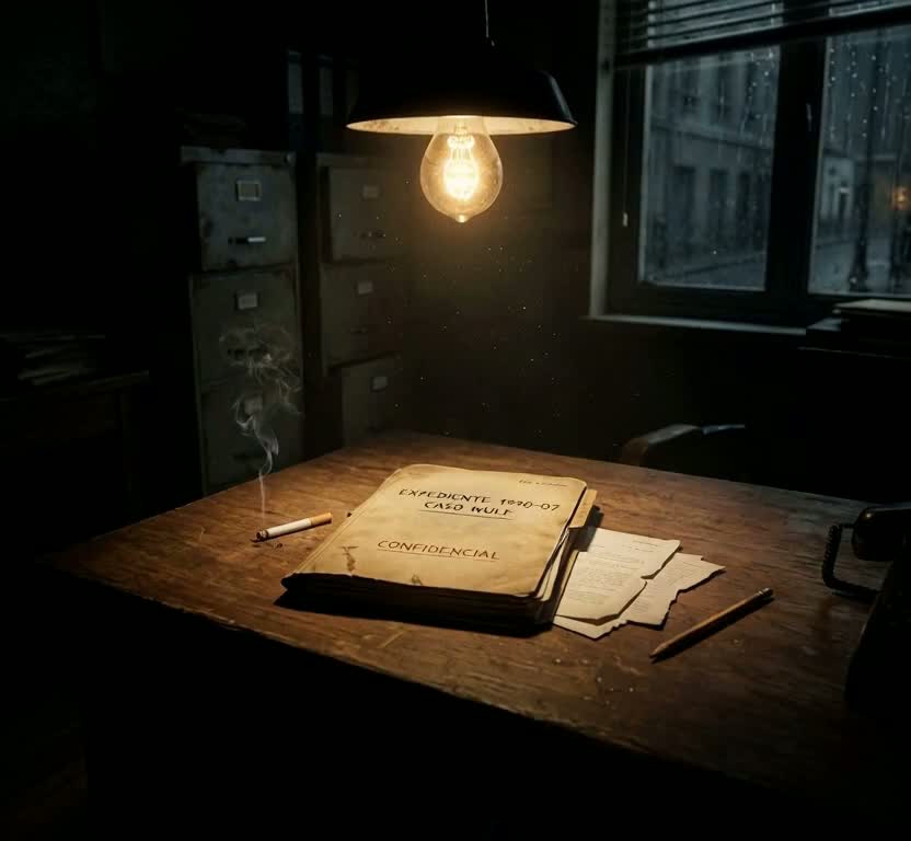Oficina del detective Martín Delgado en Merced 760: expediente abierto sobre el escritorio, 1990